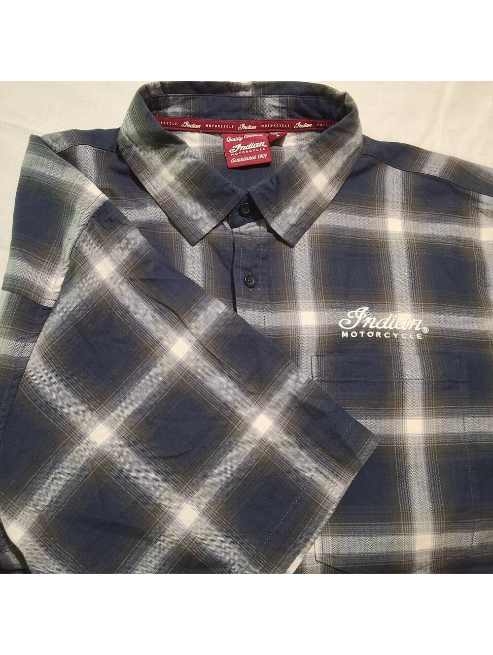 Indian Motorcycle Men's 2XL Blue Herringbone Plaid  Short Sleeve Shirt